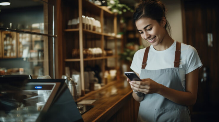 young woman barista uses the mobile phone to accept payment
