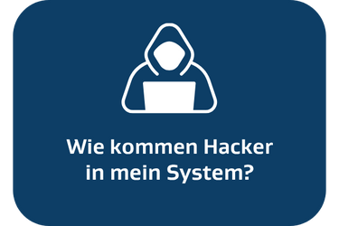 Wie kommen Hacker
in mein System? Piktogramm Person mit Kapuze am Laptop. Hacker.