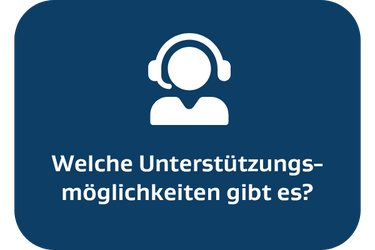 Welche Unterstützungs-möglichkeiten gibt es? Piktogramm Person mit Headset.