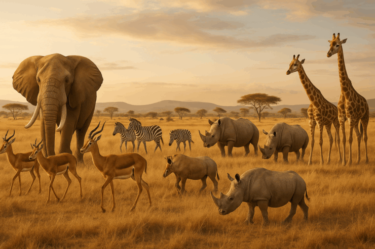 Ein Bild der Savanne mit den Tieren Elefant, Giraffe, Gazelle, Nashorn. 